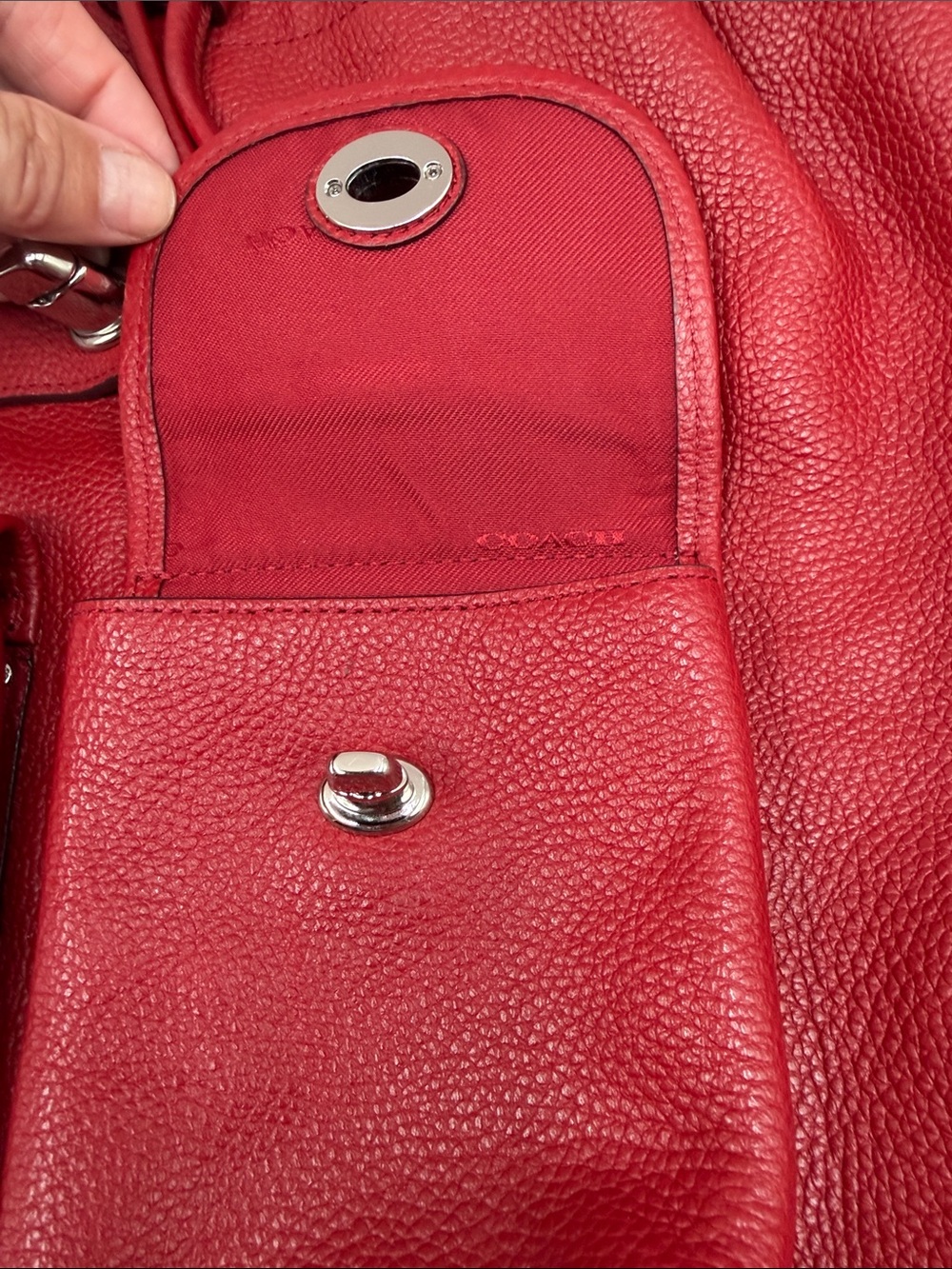 Coach Red Pebbled Leather Drawstring Backpack with Front Pockets - Picture 12 of 16